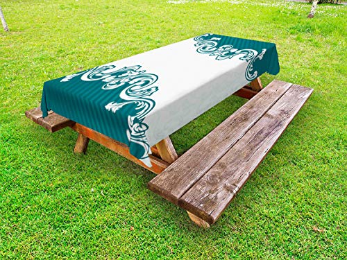 ABAKUHAUS Teal Verde Tovaglia da Esterno, Stripes Foglia curlicue, Tovaglia da Picnic Lavabile Decorativa, 145 cm x 210 cm, Teal Baby Blue Bianco