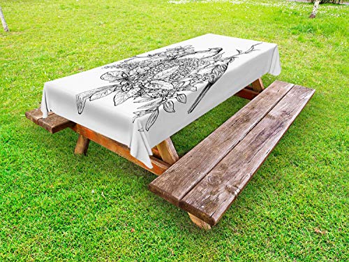 ABAKUHAUS Botanico Tovaglia da Esterno, Fiori del Mazzo Birds, Tovaglia da Picnic Lavabile Decorativa, 145 cm x 305 cm, Charcoal Grey And White