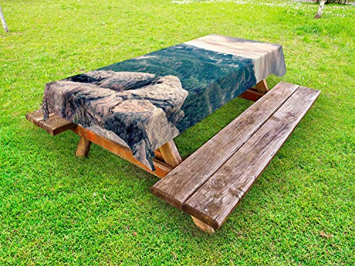 ABAKUHAUS Paesaggio Tovaglia da Esterno, Foresta e Cielo nuvoloso, Tovaglia da Picnic Lavabile Decorativa, 145 cm x 305 cm, Hunter Verde Pallido Salmon