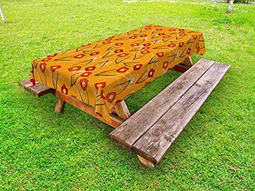ABAKUHAUS Botanico Tovaglia da Esterno, Peonie Disegni Outline, Tovaglia da Picnic Lavabile Decorativa, 145 cm x 305 cm, Arancione Vermilion