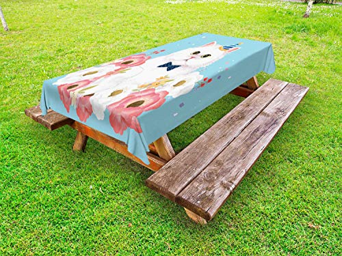 ABAKUHAUS Gatto Tovaglia da Esterno, Grafica Fluffy Kitten Partito, Tovaglia da Picnic Lavabile Decorativa, 145 cm x 305 cm, Pale Blue e Multicolore