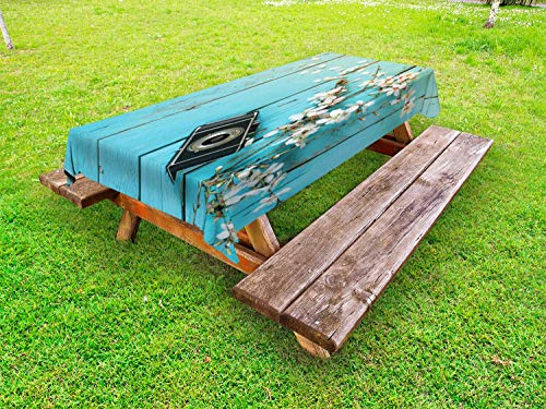 ABAKUHAUS Legno Rustico Tovaglia da Esterno, Primavera Bianco Cherry, Tovaglia da Picnic Lavabile Decorativa, 145 cm x 305 cm, Pale Blue e Multicolore