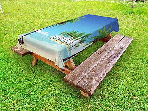 ABAKUHAUS Fiji Tovaglia da Esterno, Alberi di Cocco nell'Oceano, Tovaglia da Picnic Lavabile Decorativa, 145 cm x 265 cm, Azzurro Blu Multicolor