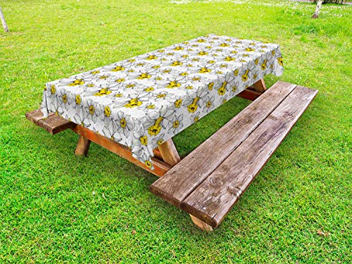 ABAKUHAUS Floreale Giallo Tovaglia da Esterno, Blooming Narcissus, Tovaglia da Picnic Lavabile Decorativa, 145 cm x 210 cm, Salvia Verde Giallo
