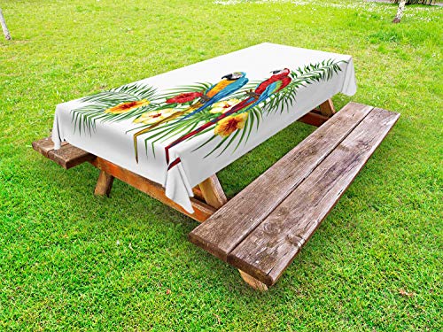 ABAKUHAUS Uccello Stampa Tovaglia da Esterno, Tropical Pappagalli Fiori, Tovaglia da Picnic Lavabile Decorativa, 145 cm x 210 cm, Multicolore