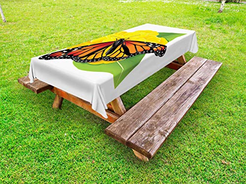 ABAKUHAUS La Farfalla Tovaglia da Esterno, falena Fiore, Tovaglia da Picnic Lavabile Decorativa, 145 cm x 265 cm, Giallo Verde Arancione