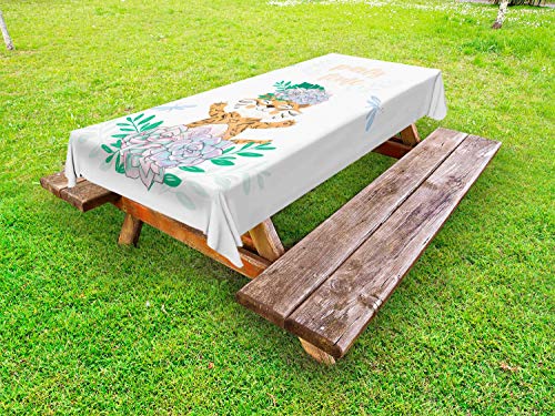ABAKUHAUS Tempo di Festa Tovaglia da Esterno, Felice Cartoonish Lion, Tovaglia da Picnic Lavabile Decorativa, 145 cm x 265 cm, Multicolore