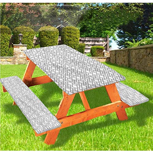 Tovaglia da tavolo e panchina da picnic, colore grigio e bianco, con bordo elastico a mosaico, 60 x 170 cm, set da 3 pezzi per campeggio, sala da pranzo, all'aperto, parco, patio