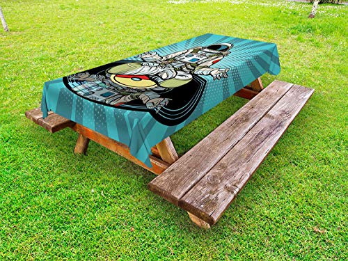 ABAKUHAUS Astronauta Tovaglia da Esterno, Divertente Spaceman Yoga Facendo, Tovaglia da Picnic Lavabile Decorativa, 145 cm x 305 cm, Turchese Multicolore