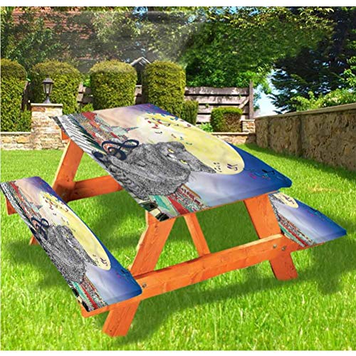 LEWIS FRANKLIN Tenda da doccia con tavolo da picnic e panchina, tovaglia montata con note musicali, con bordo elastico, 60 x 180 cm, set da 3 pezzi per tavolo pieghevole