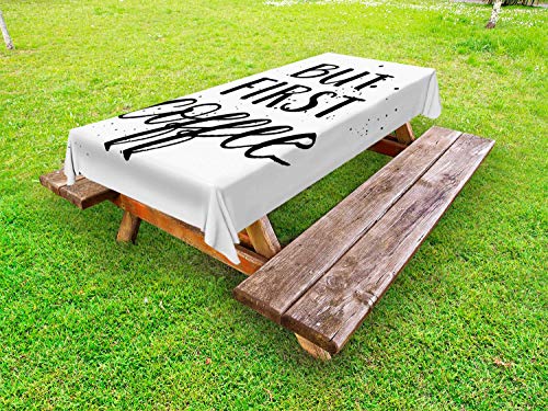 ABAKUHAUS Ma Primo caffè Tovaglia da Esterno, Macchie Tipografia, Tovaglia da Picnic Lavabile Decorativa, 145 cm x 305 cm, Charcoal Grey Bianco