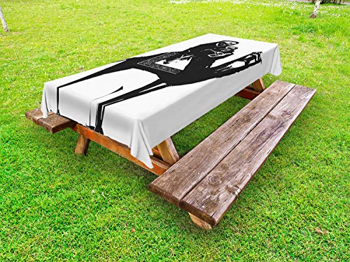 ABAKUHAUS Scheletro Tovaglia da Esterno, Morte beve Vino sul Cammello, Tovaglia da Picnic Lavabile Decorativa, 145 cm x 210 cm, Charcoal Grey And White