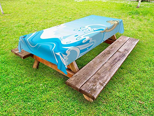 ABAKUHAUS Pesca Tema Tovaglia da Esterno, Splash Fish on Waves, Tovaglia da Picnic Lavabile Decorativa, 145 cm x 305 cm, Multicolore