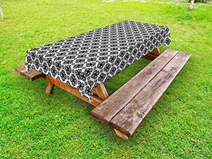 ABAKUHAUS Vintage ▾ Tovaglia da Esterno, Inspired Flora Motif, Tovaglia da Picnic Lavabile Decorativa, 145 cm x 210 cm, Charcoal Grey And White
