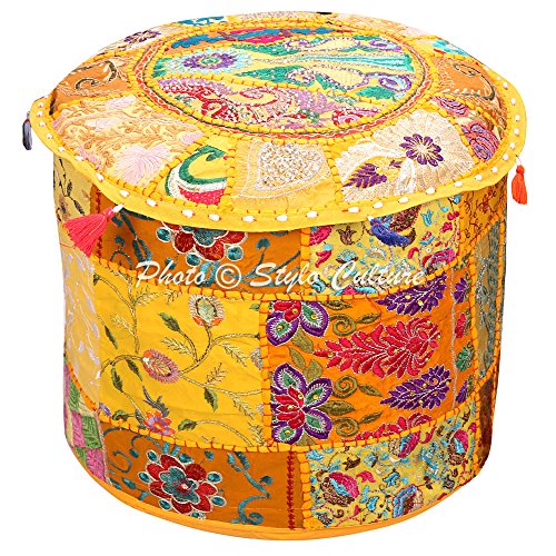 Stylo Culture Ottomane Pouf Copertura del Pouf Poggiapiedi Panchina Giallo Indiano Ricamato Patchwork Cotone Pouf Rotondo Classico Tessuto Pouf Copertura (16x16x13 Pollici) 40cm