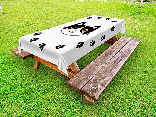 ABAKUHAUS Orma di Zampa Tovaglia da Esterno, Felice Testa del Gatto in Round, Tovaglia da Picnic Lavabile Decorativa, 145 cm x 265 cm, Charcoal Grey Bianco Rosa