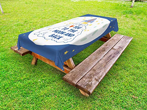 ABAKUHAUS Ti Amo Fino alla Luna e Ritorno Tovaglia da Esterno, Viaggi nello Spazio Cloud Stelle, Tovaglia da Picnic Lavabile Decorativa, 145 cm x 305 cm, Cielo Azzurro Scuro Multicolor