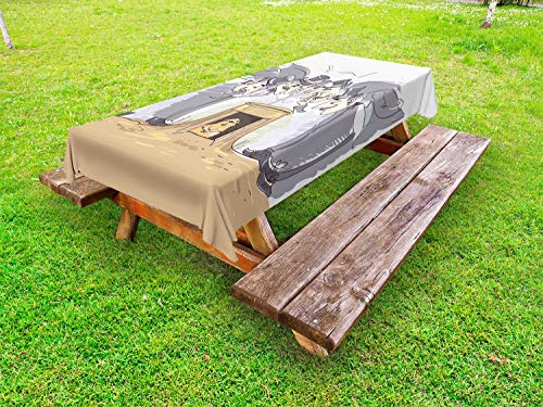 ABAKUHAUS Groundhog Day Collection Tovaglia da Esterno, Men in Cappelli Marmotta, Tovaglia da Picnic Lavabile Decorativa, 145 cm x 305 cm, Ecru e Pale Purpleblue