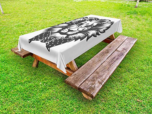 ABAKUHAUS Leone Tovaglia da Esterno, Grassetto e dettagliata Lion Drawing, Tovaglia da Picnic Lavabile Decorativa, 145 cm x 305 cm, Grigio Scuro e Bianco