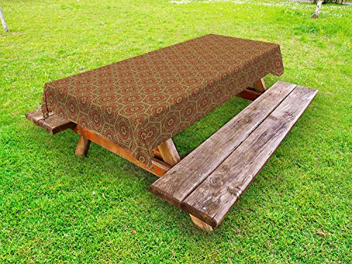 ABAKUHAUS Orientale Tovaglia da Esterno, Fiorisce antichi, Tovaglia da Picnic Lavabile Decorativa, 145 cm x 265 cm, Arancione Bruciato Hunter Verde