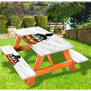 LEWIS FRANKLIN Tenda da doccia per Halloween, picnic, tavolo e panchina, tovaglia con bordo elastico, motivo animali cartoni animati su zucca, 60 x 170 cm, set da 3 pezzi per tavolo pieghevole