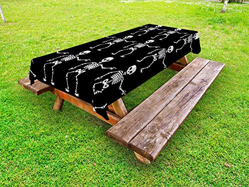 ABAKUHAUS Scheletro Tovaglia da Esterno, indicando Halloween, Tovaglia da Picnic Lavabile Decorativa, 145 cm x 210 cm, Charcoal Grey And White