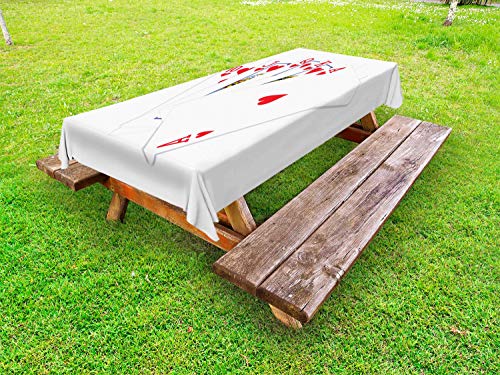 ABAKUHAUS Poker Tovaglia da Esterno, Immagine Royal Flush con Le schede, Tovaglia da Picnic Lavabile Decorativa, 145 cm x 305 cm, Bianco Scarlatto