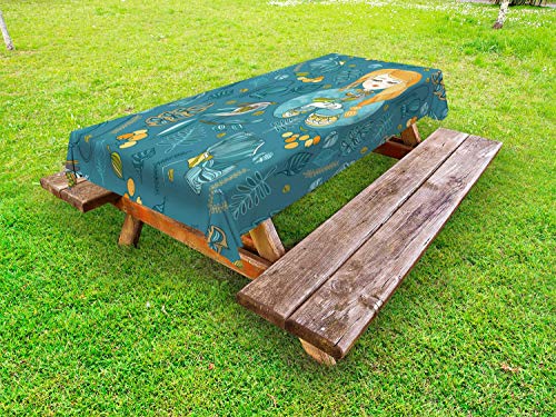 ABAKUHAUS Belle Arti Tovaglia da Esterno, Ragazza Che Tiene Un Uccello, Tovaglia da Picnic Lavabile Decorativa, 145 cm x 305 cm, Petrol Blue Orange