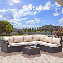 Set di Mobili Patio 7 Pezzi Set Sofà PE Set di Divano in Rattan Set Marrone Conversazione con Conversazione in Vimini Manuale con 6 Cuscini di Seduta Sabbia E 1 Tavolino in Vetro Temperato
