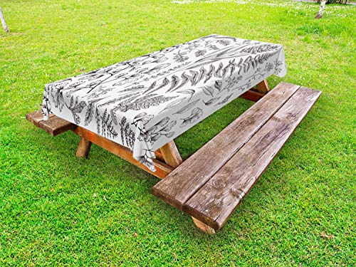 ABAKUHAUS Vintage Botanica Tovaglia da Esterno, Monochrome Fern Leaf, Tovaglia da Picnic Lavabile Decorativa, 145 cm x 210 cm, Charcoal Grey Bianco