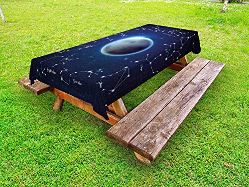 ABAKUHAUS Astronomia Tovaglia da Esterno, Segni Zodiacali Circa Luna, Tovaglia da Picnic Lavabile Decorativa, 145 cm x 265 cm, Notte Blu Grigio Scuro