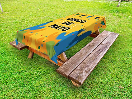 ABAKUHAUS Cinco de Mayo Tovaglia da Esterno, Cactus Bandiere, Tovaglia da Picnic Lavabile Decorativa, 145 cm x 210 cm, Terra Giallo Multicolor