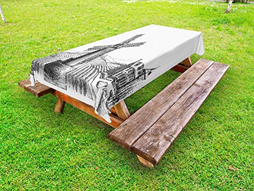 ABAKUHAUS Raccogliere Tovaglia da Esterno, Mulino a Vento su Farm And House, Tovaglia da Picnic Lavabile Decorativa, 145 cm x 265 cm, Bianco e Charcoal Grey