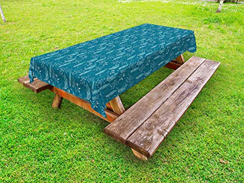 ABAKUHAUS subacqueo Tovaglia da Esterno, Ocean Piante ed Erbacce, Tovaglia da Picnic Lavabile Decorativa, 145 cm x 305 cm, Blu Petrolio e Seafoam