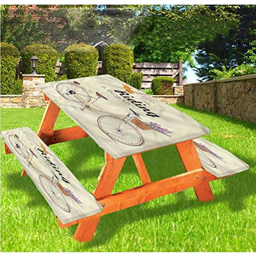 LEWIS FRANKLIN Tenda da doccia per tavolo da picnic e panchina, tovaglia in velocipede vintage, con bordo elastico, 60 x 72 cm, set da 3 pezzi per tavolo pieghevole