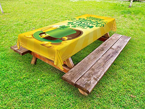 ABAKUHAUS Pub Irlandese Tovaglia da Esterno, Birra Trifoglio Leprechaun, Tovaglia da Picnic Lavabile Decorativa, 145 cm x 305 cm, Terra Giallo Verde