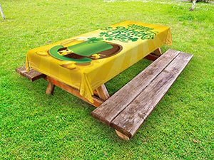 ABAKUHAUS Pub Irlandese Tovaglia da Esterno, Birra Trifoglio Leprechaun, Tovaglia da Picnic Lavabile Decorativa, 145 cm x 305 cm, Terra Giallo Verde