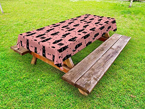 ABAKUHAUS Gatto Tovaglia da Esterno, Gattino Silhouette Pesce Paws, Tovaglia da Picnic Lavabile Decorativa, 145 cm x 265 cm, Rosa Pastello e Grigio