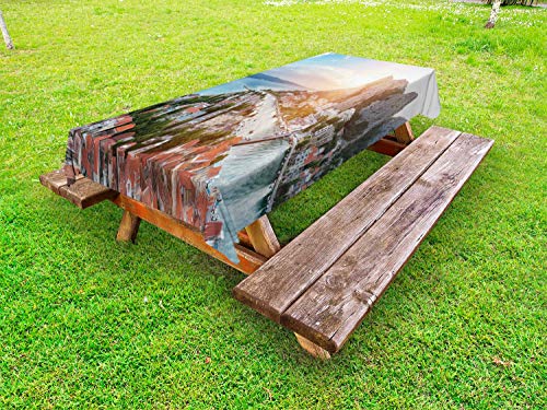 ABAKUHAUS Croazia Tovaglia da Esterno, Vecchia Cittadina costiera Omis Alba, Tovaglia da Picnic Lavabile Decorativa, 145 cm x 265 cm, Multicolore