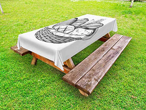 ABAKUHAUS Grigio Antracite Tovaglia da Esterno, Tipi di Pane in Cestino, Tovaglia da Picnic Lavabile Decorativa, 145 cm x 305 cm, Bianca