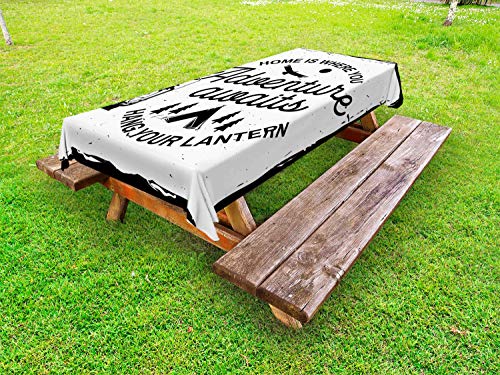 ABAKUHAUS Detto Tovaglia da Esterno, Tenda e Alberi Camping Testo, Tovaglia da Picnic Lavabile Decorativa, 145 cm x 210 cm, Bianco Grigio Scuro