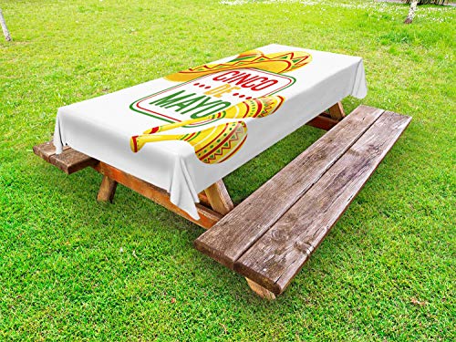 ABAKUHAUS Cinco de Mayo Tovaglia da Esterno, Sombrero Maracas Art, Tovaglia da Picnic Lavabile Decorativa, 145 cm x 210 cm, Terra Giallo Multicolor