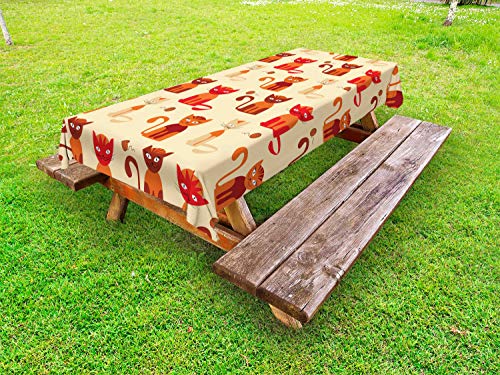 ABAKUHAUS Gattini Tovaglia da Esterno, Gatti in Paprika Arancione Tone, Tovaglia da Picnic Lavabile Decorativa, 145 cm x 265 cm, Beige Multicolor