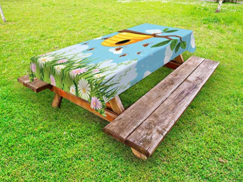 ABAKUHAUS api Tovaglia da Esterno, Bee Hive Natura Ramoscelli Fiori, Tovaglia da Picnic Lavabile Decorativa, 145 cm x 210 cm, Cielo Azzurro e Multicolore