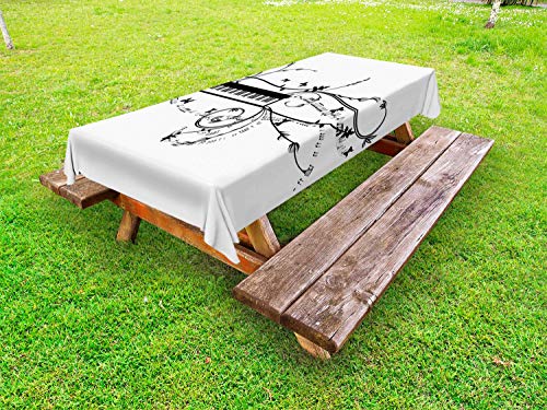 ABAKUHAUS Musica Tovaglia da Esterno, Tastiera Curlicue Motif Art, Tovaglia da Picnic Lavabile Decorativa, 145 cm x 265 cm, Bianco e Charcoal Grey
