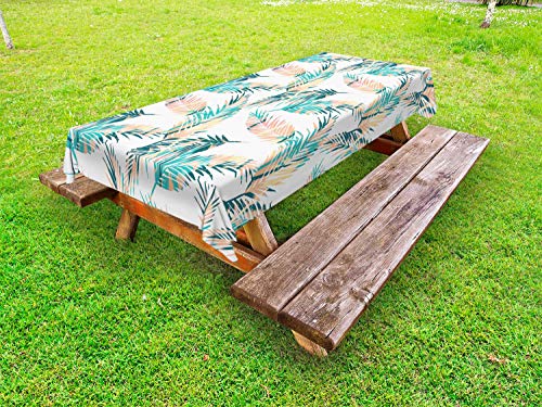 ABAKUHAUS Le Foglie Tovaglia da Esterno, Double Exposure Tropical, Tovaglia da Picnic Lavabile Decorativa, 145 cm x 210 cm, Bianco e Multicolore
