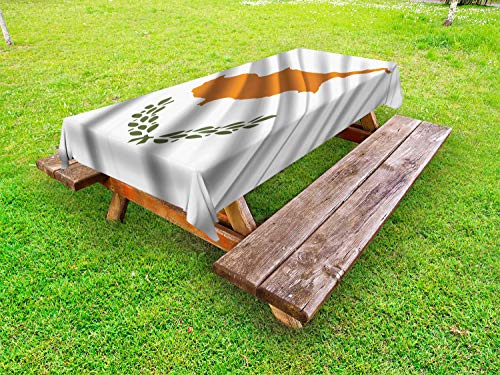 ABAKUHAUS Cipro Tovaglia da Esterno, Southern cipriota Waving Flag, Tovaglia da Picnic Lavabile Decorativa, 145 cm x 210 cm, Bianco Arancione e Verde Oliva