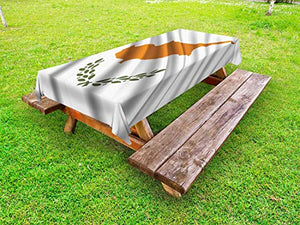 ABAKUHAUS Cipro Tovaglia da Esterno, Southern cipriota Waving Flag, Tovaglia da Picnic Lavabile Decorativa, 145 cm x 210 cm, Bianco Arancione e Verde Oliva