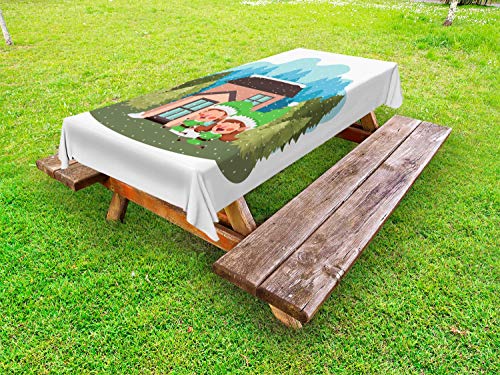 ABAKUHAUS Elfo Tovaglia da Esterno, 2 Nani Casa in Inverno, Tovaglia da Picnic Lavabile Decorativa, 145 cm x 265 cm, Pale Blue Multicolor