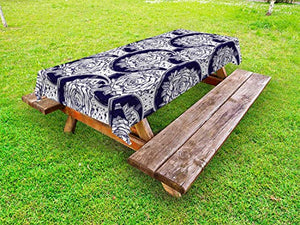ABAKUHAUS Mezzaluna Tovaglia da Esterno, Boemo Rose e la Luna, Tovaglia da Picnic Lavabile Decorativa, 145 cm x 265 cm, Indigo Bianco